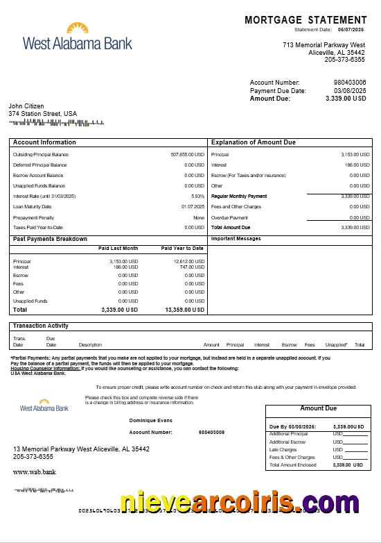 USA West Alabama bank mortgage statement